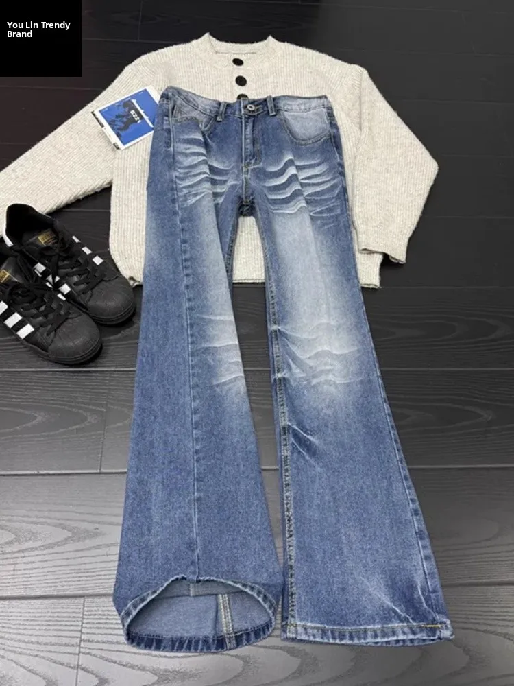 

American Sle Ice Blue Lightning Pattern Bell Bot Jeans Men's Autumn Winter High Street Vibe Waed Straight Leg Jeans