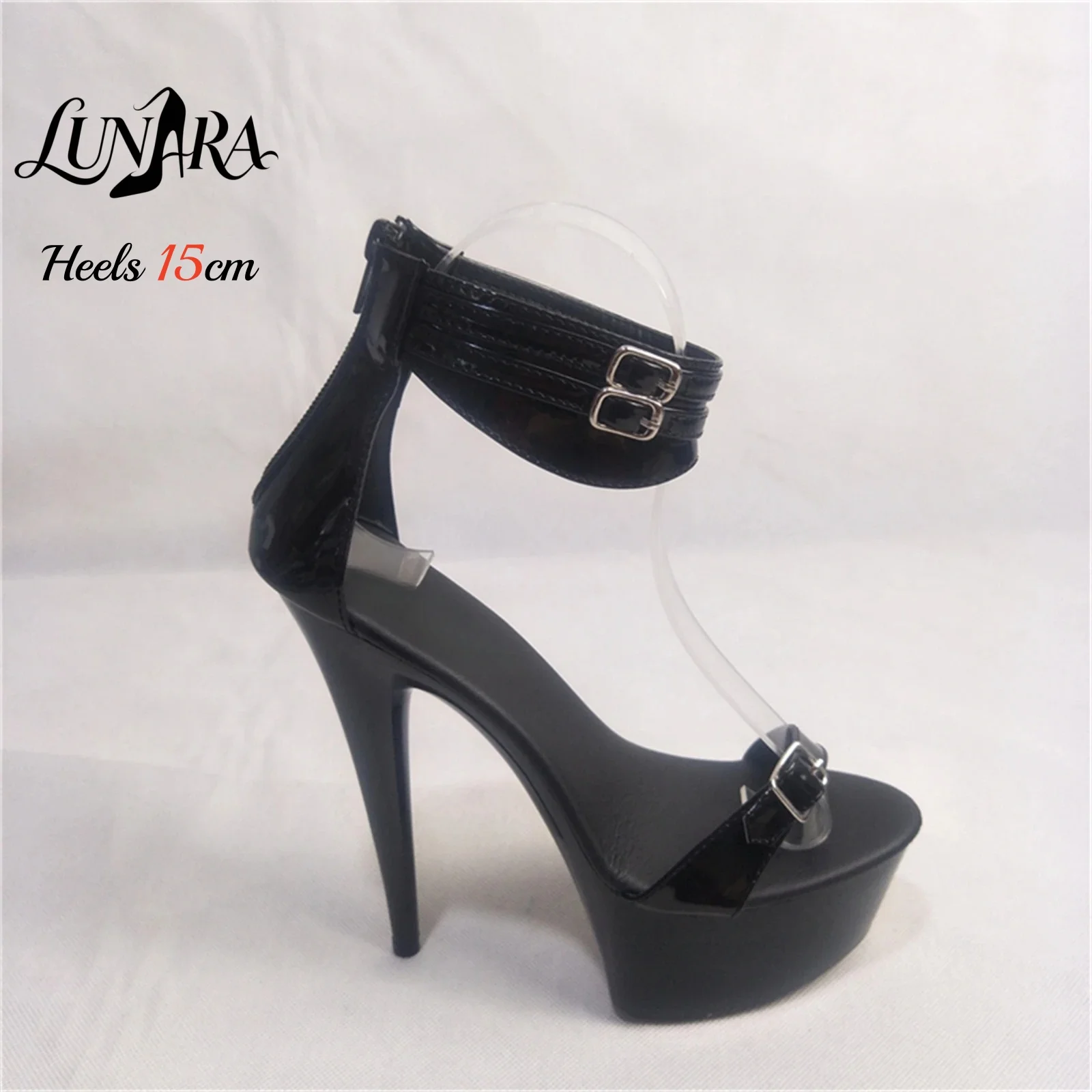15cm Black Patent PU High Heel Sandals Double Buckle Ankle Cuff Open Toe Non-slip Sexy Stage Performance Nightclub Shoes view 2