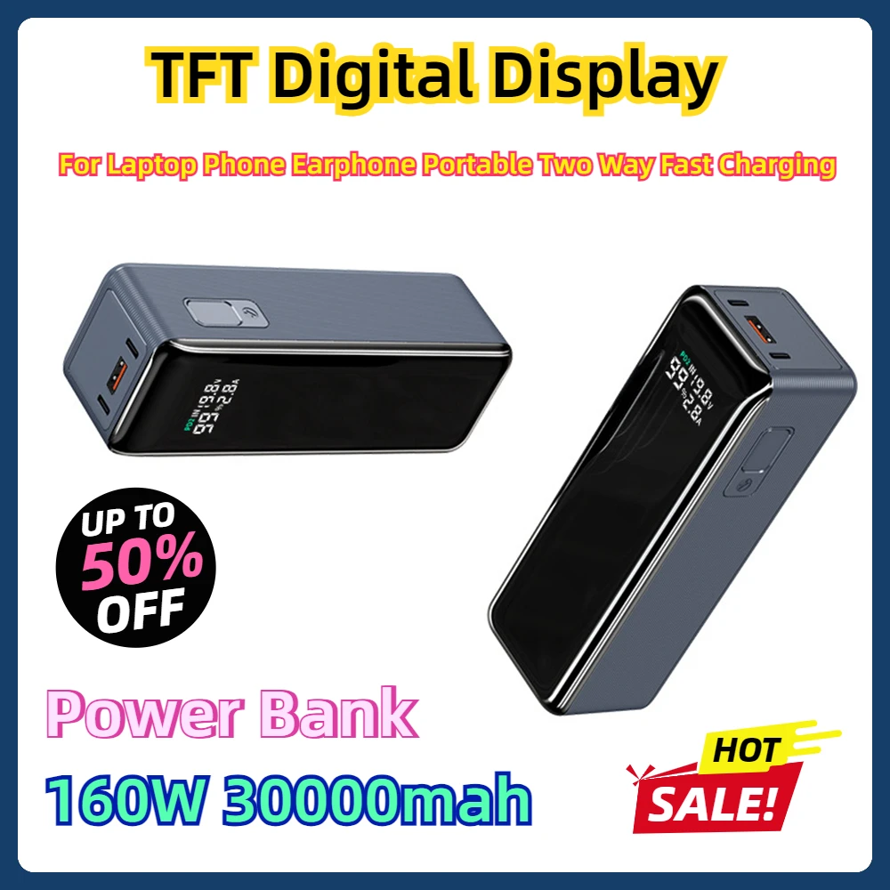 TFT Digital Display PD100W PD QC SCP PD80W+PD80W Laptop Phone Earphone Portable Two Way Fast Charging 160W Power Bank 30000mah