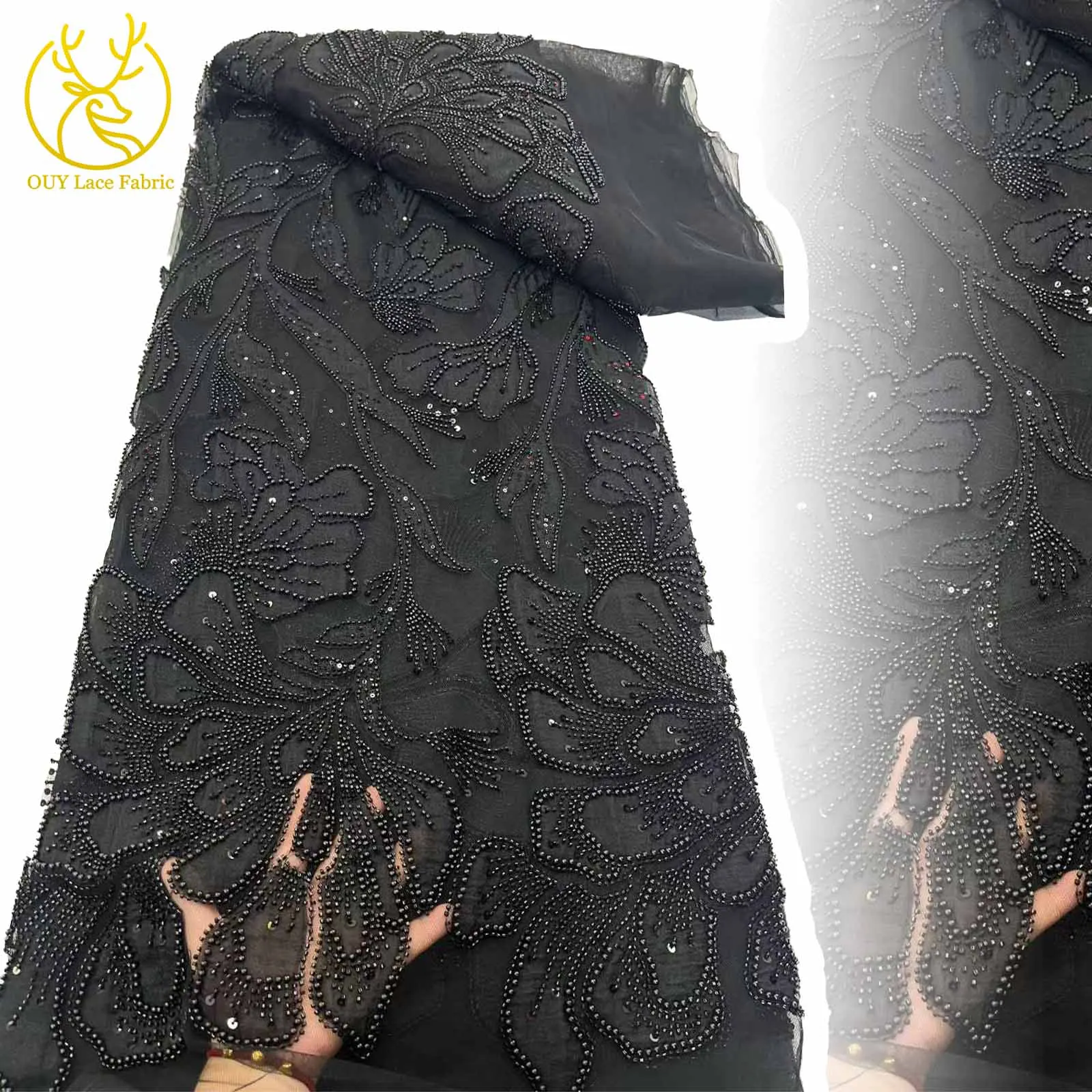 

2025 New Design Black African Handmade Sequins Beaded Mesh Lace Fabric 5 Yards Exquisite French Ladies Party Evening Dresses