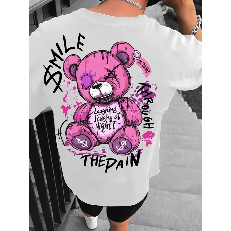 A new summer men's teddy bear letter printed breathable and comfortable neck T-shirt with outdoor high street top
