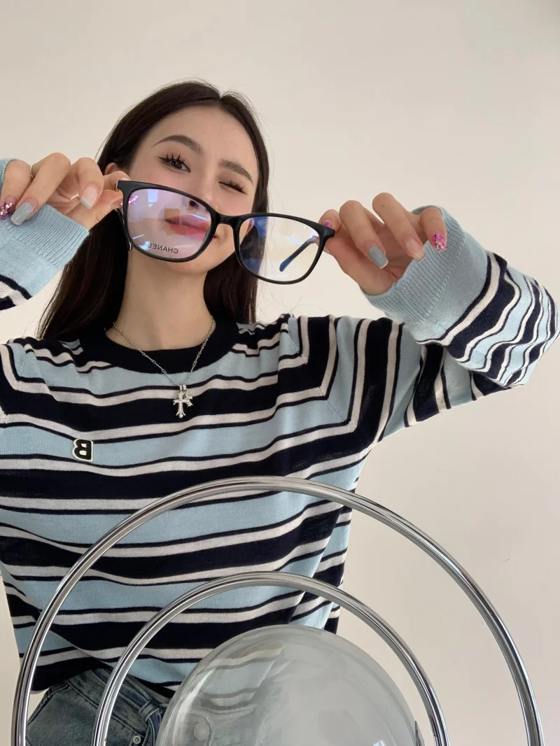 

Свободный длинный женский трикотаж Sve в синюю полоску, повседневный, зимний, модный, для похудения, универсальный, прямой, круглый, Ne