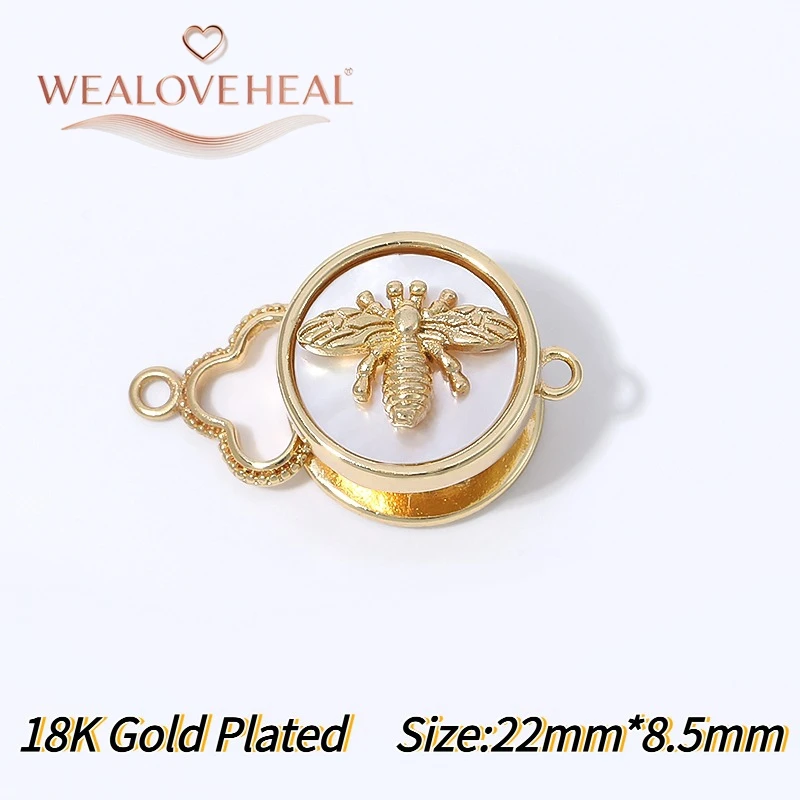 armband verschluss, 1/2 Stück 18K vergoldeter Messing-Bienenverschluss, mit Honigbienen-Motiv auf Muschel, Druckknopfverschluss mit Kleeblatt-Endstück für DIY-Perlenschmuckzubehör – Detail 20