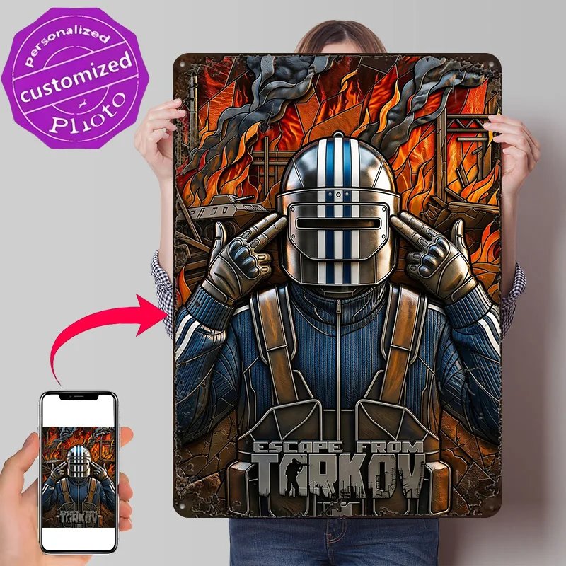 Escape From Tarkov Soldier in Fire Poster Retro 3D Printed Metal Signs Customized Wall Hanging Gift for Article Decoration House