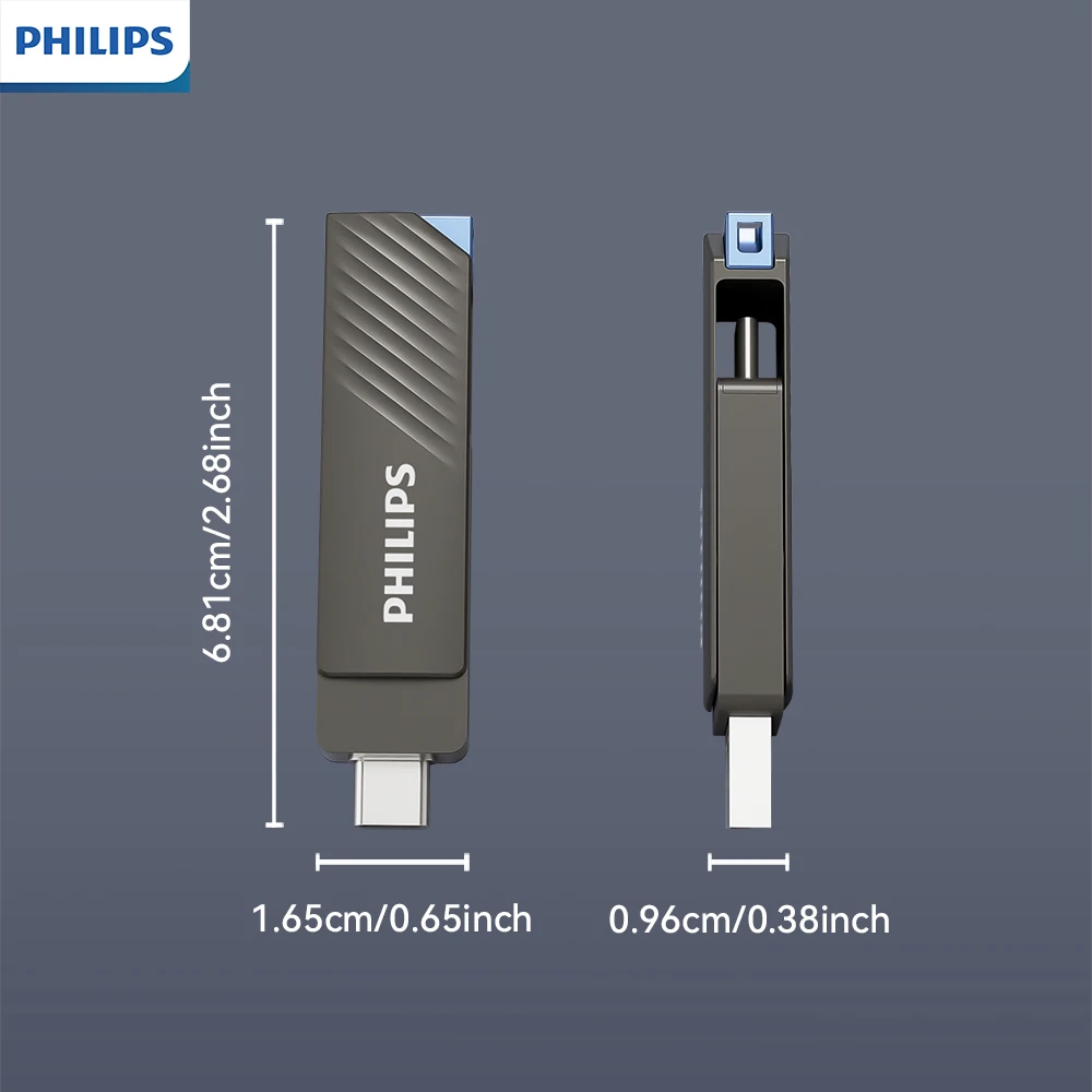 Philips Dark Gray Dual Interface USB3.2 Flash Drive Type-C OTG Multi Capacity Portable Storage U Disk For Phone Laptop PC Car