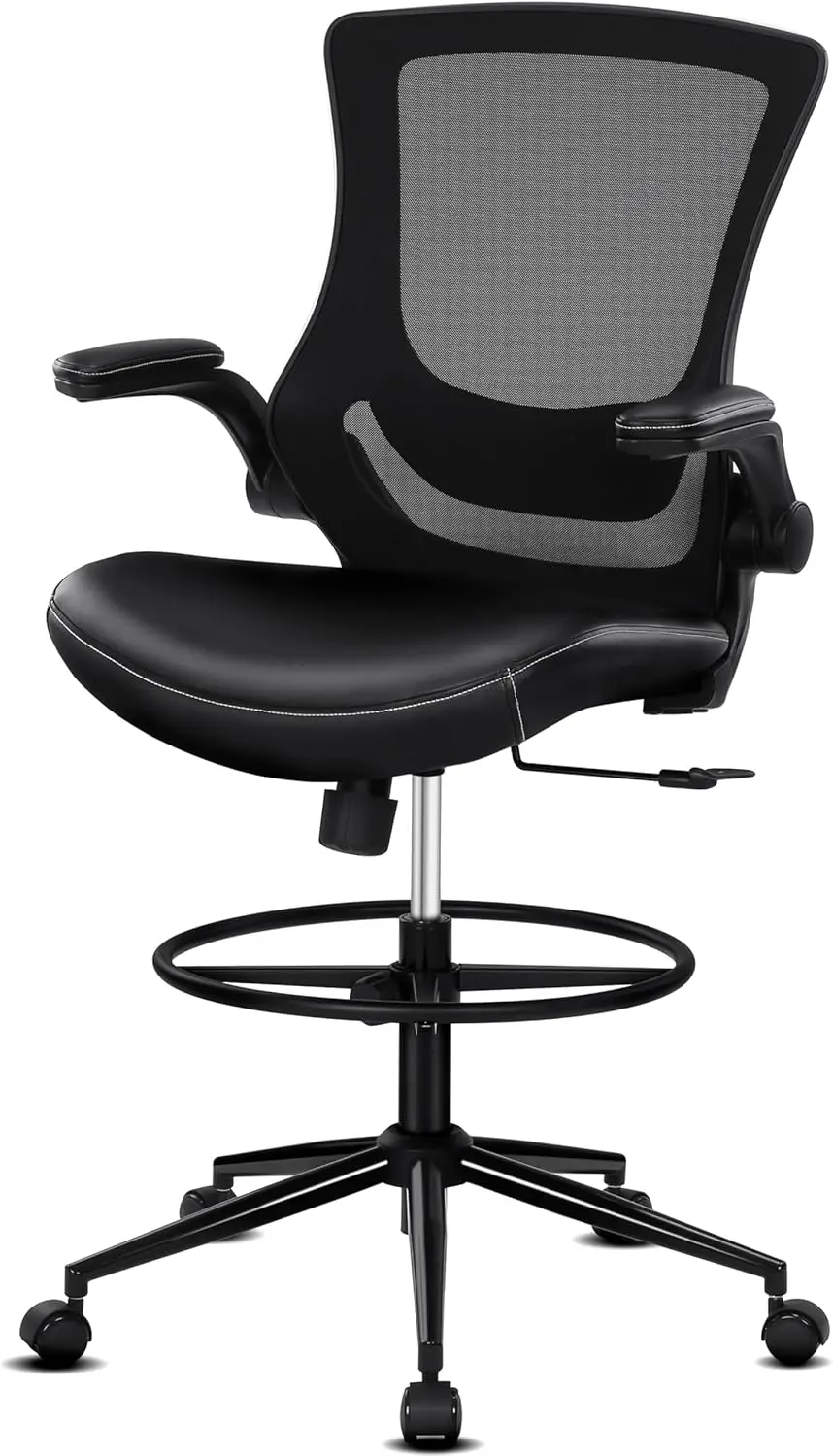 Tall Office Chair for Standing Desk, PU Leather Recline with Foot Ring & Adjustable Lumbar Support