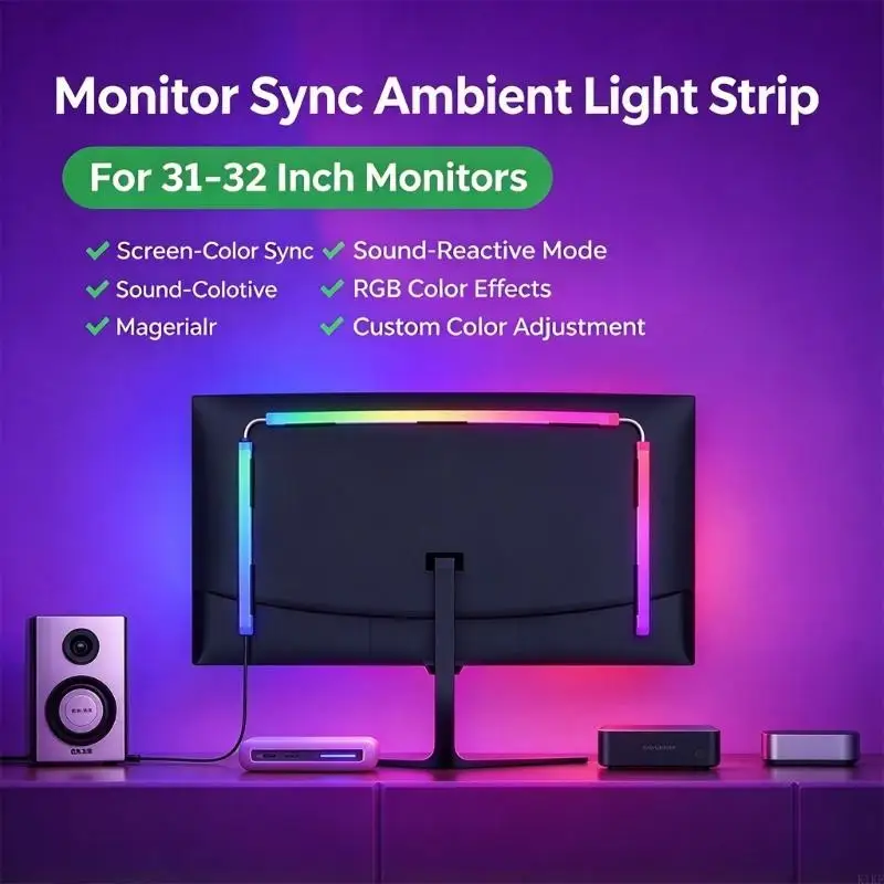 Multicolor LED Monitor Backlight with 60 LEDs Variable Brightness and Color Flexible Adhesive Mounting 5 V USB Input K1KF