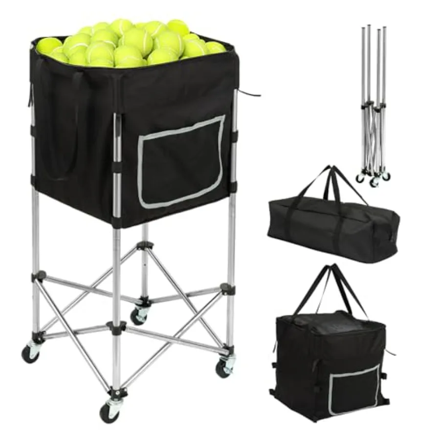 

Tennis Ball Cart with Wheels and Brake 180 Capacity Heavy Duty Stainless Steel Frame with Detachable Washable Bag Foldable Trav