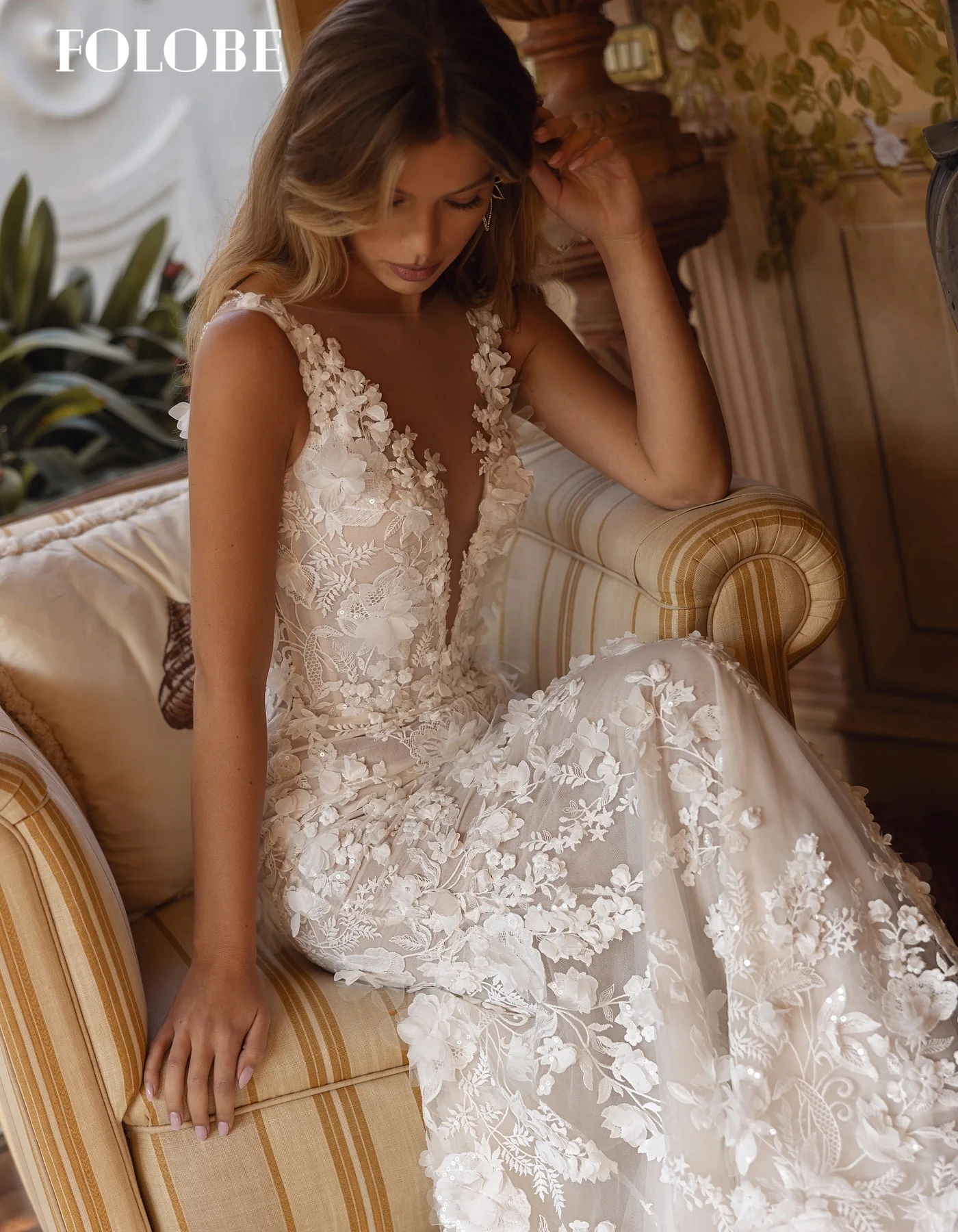 FOLOBE V-ausschnitt Applique Meerjungfrau mit Ärmellose 3D Blumen Braut Ballkleid Hochzeit Party Braut vestidos de noche Angepasst