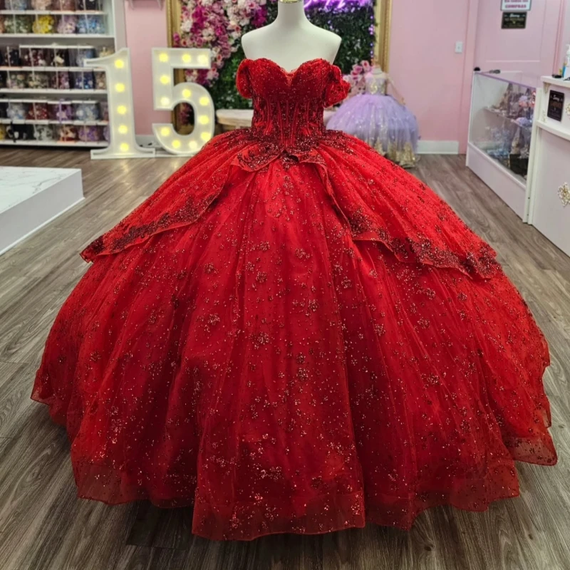 

Red Shiny Quinceanera Dresses Off The Shoulder Sequin Applique Lace Beading Tull Corset Party Birthday Sweet 16 Dress Vestidos