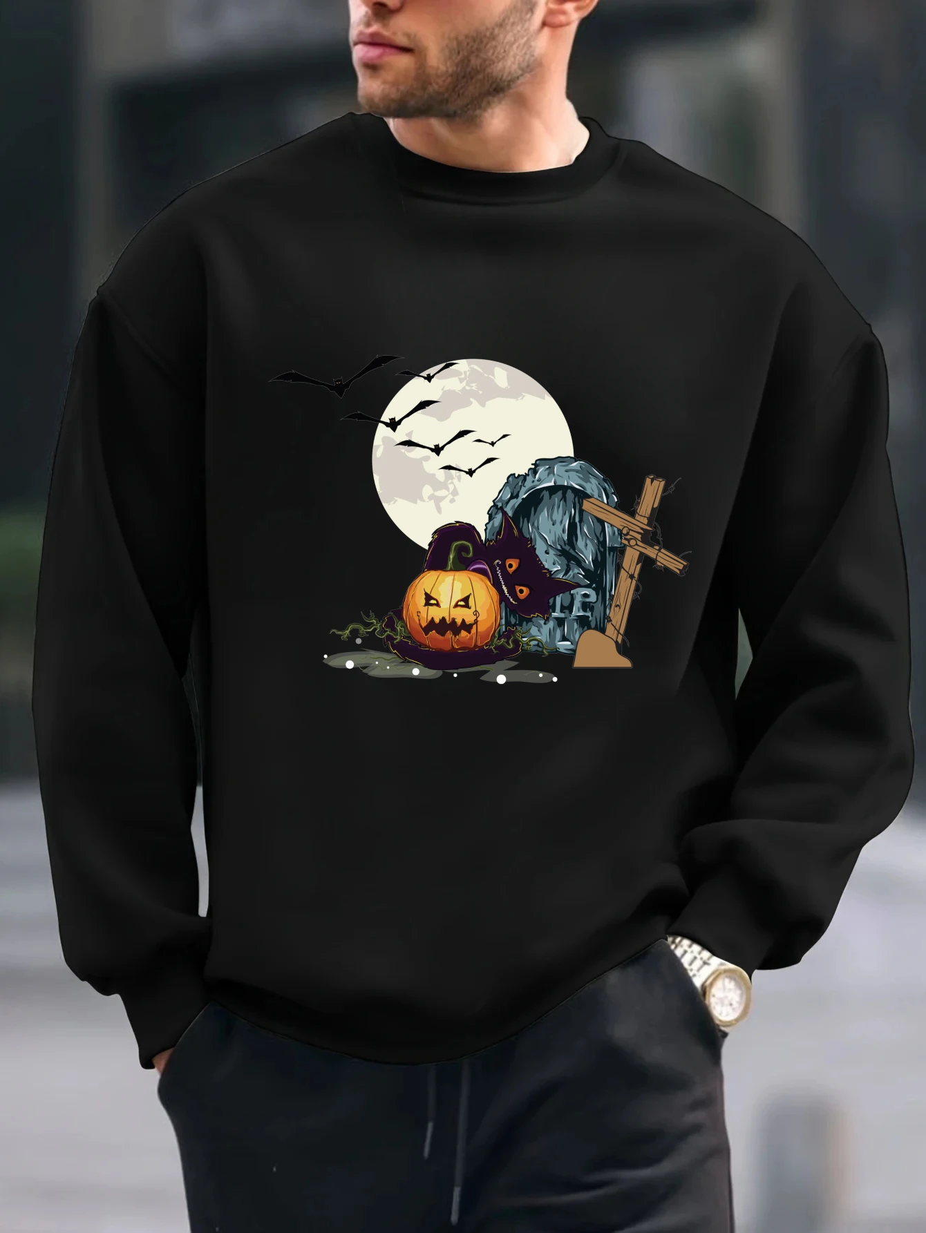 

2025 Хэллоуин тыква месть топы с принтом каракулей повседневная мужская толстовка с круглым вырезом весна и осень удобная толстовка пуловер