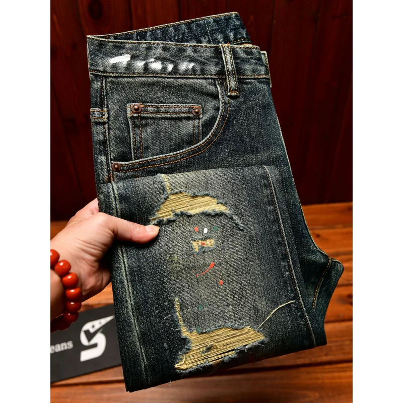 Broken hole patch jeans for men 2025 new men's clothing paint printing trend design retro nostalgic slim fit denim pants