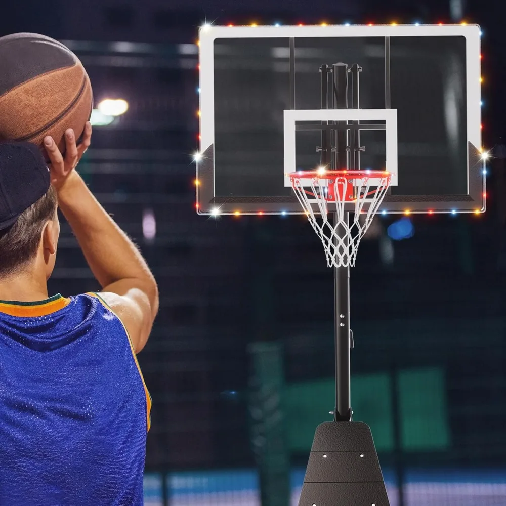 Portería de baloncesto al aire libre ajustable de 10 pies con luz LED, tablero posterior duradero, sistema portátil para todo tipo de clima
