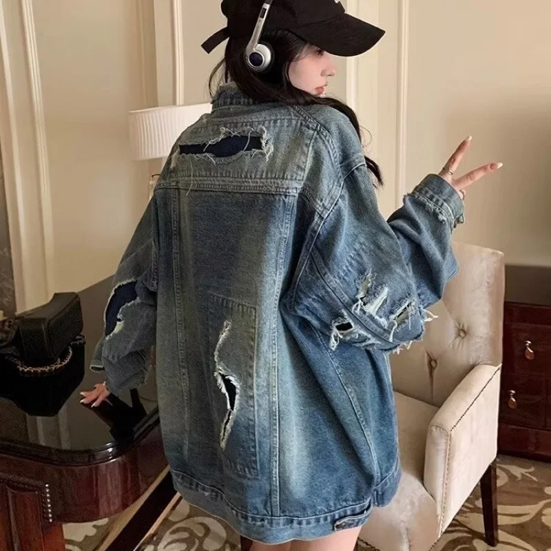 

American Retro Women, Spring And Autumn New Loose Fit Versatile Washed Distressed Cardigan Top Trendy