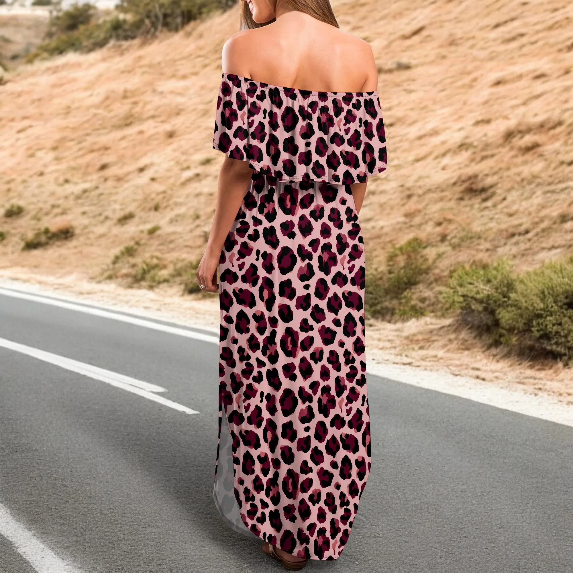 ผู้หญิงปิดไหล่ Ruffle Party Dresses ด้านข้างแยก Beach Maxi Dress