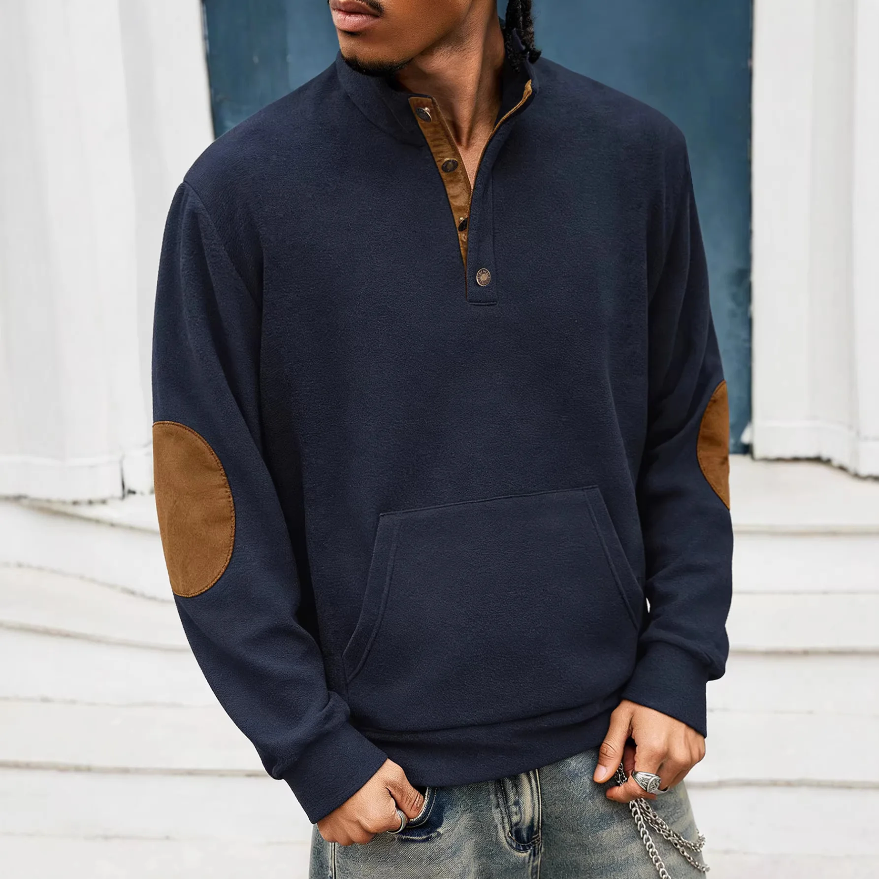 2026 Autumn and Winter Men's Fleece Stand-up Collar Jumper Sports Placket Sweater