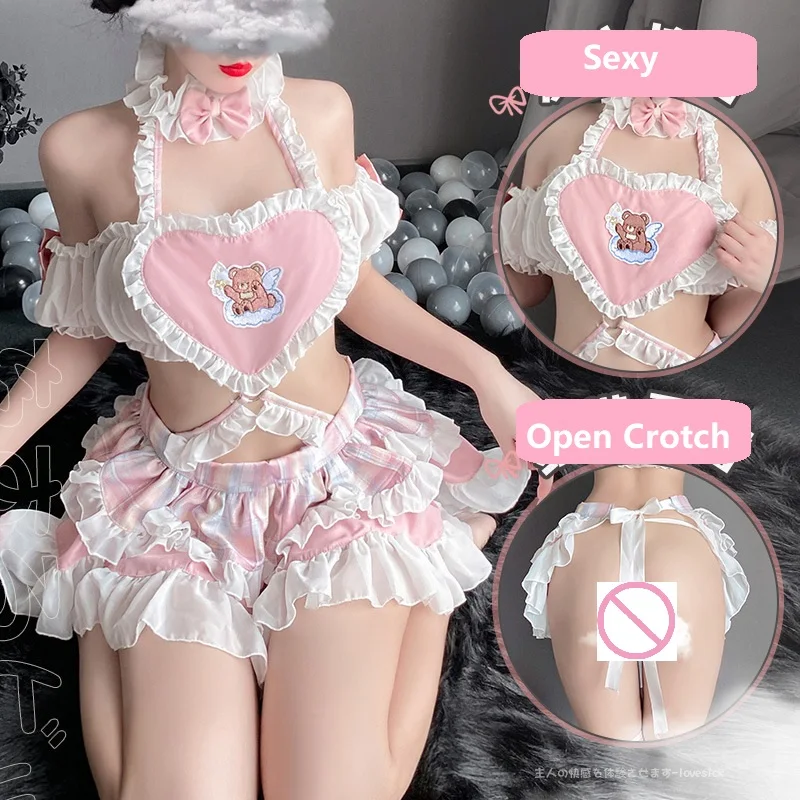 

Sweet Hear Women's Sexy Roleplay Maid Lingerie Dress Adult Lady Erotic Hollow Out Backless Babydoll Open Crotch Cosplay Costumes