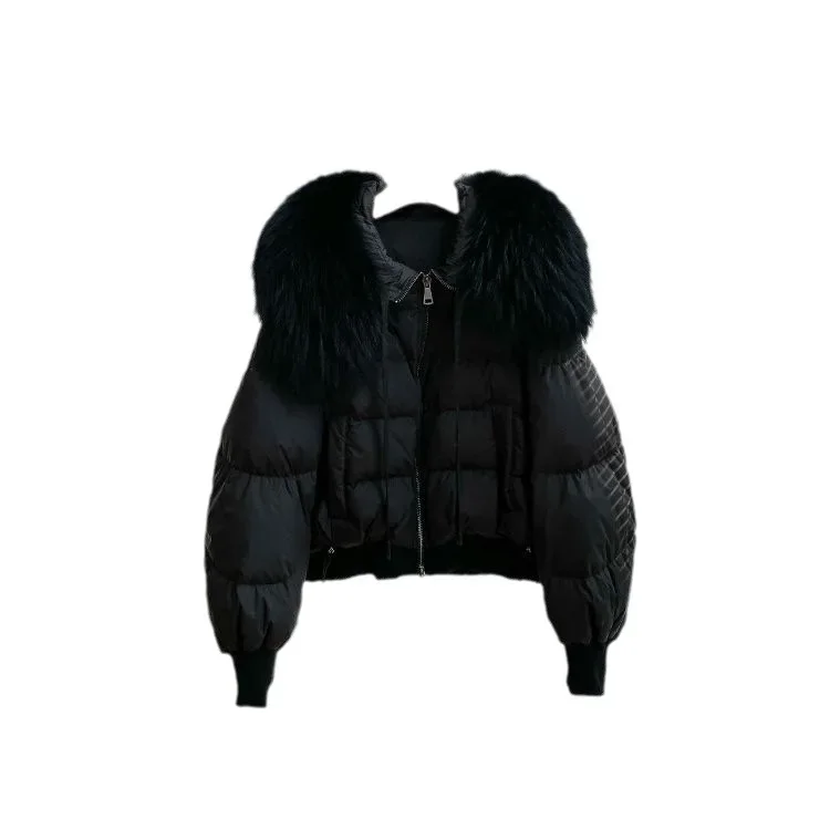 신상 여성 겨울 따뜻한 다운 재킷 크롭드 폭스 퍼 칼라 고급 90% 화이트 덕 페더 코트 두꺼운 긴 소매