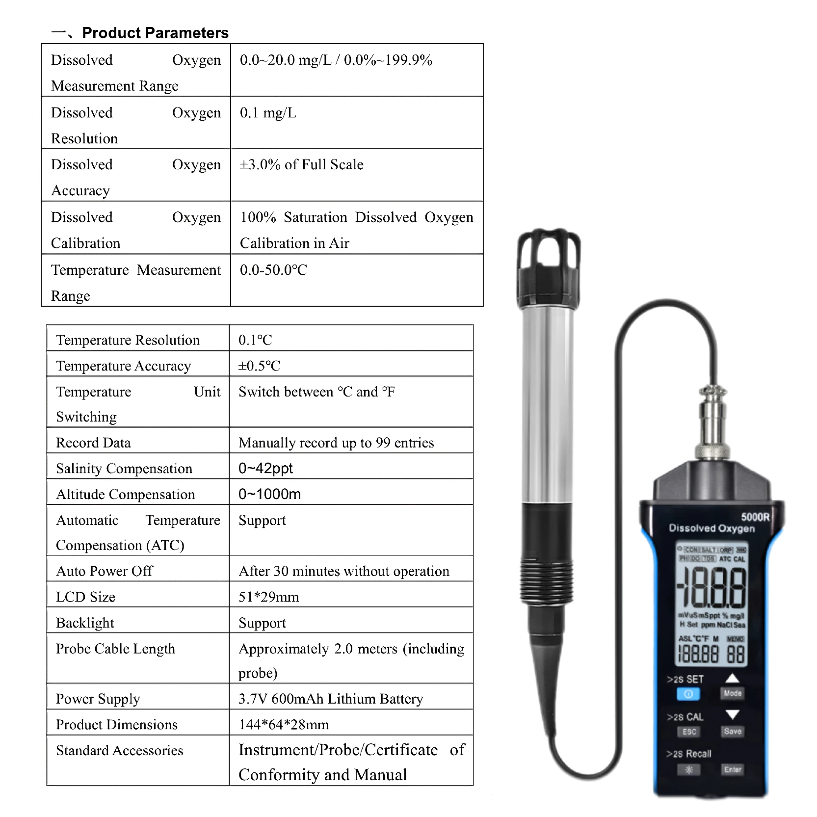 

HOLDPEAK Dissolved Oxygen Meter with ATC,0-20.0 mg/L Measurement Range,Dissolved Oxygen Test Kit for Pond Aquarium Aquaculture