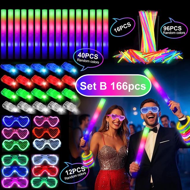 166-Piece Glowing Party Decoration Set - 12 Led Glasses, 16 Foam Sticks, 40 Finger Lights, 100 Glow Sticks, Suitable for Weddings and Halloween 2