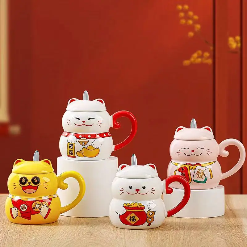 Lucky Cat Ceramic Coffee Mug Cat Lid Creative Cute Cartoon Cute Breakfast Gift Water Bottle Office Drinking Utensils Drinkware