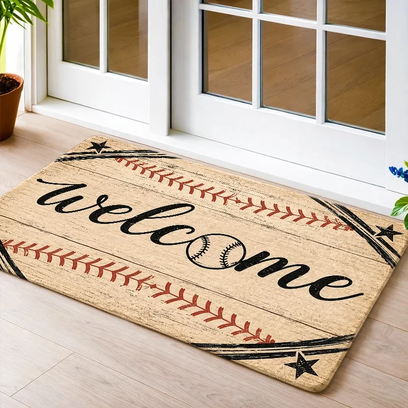 1pc Vintage‑Baseball Print Welcome Doormat, Washable Indoor Outdoor Floor Mat for Living Room, Bedroom, Office