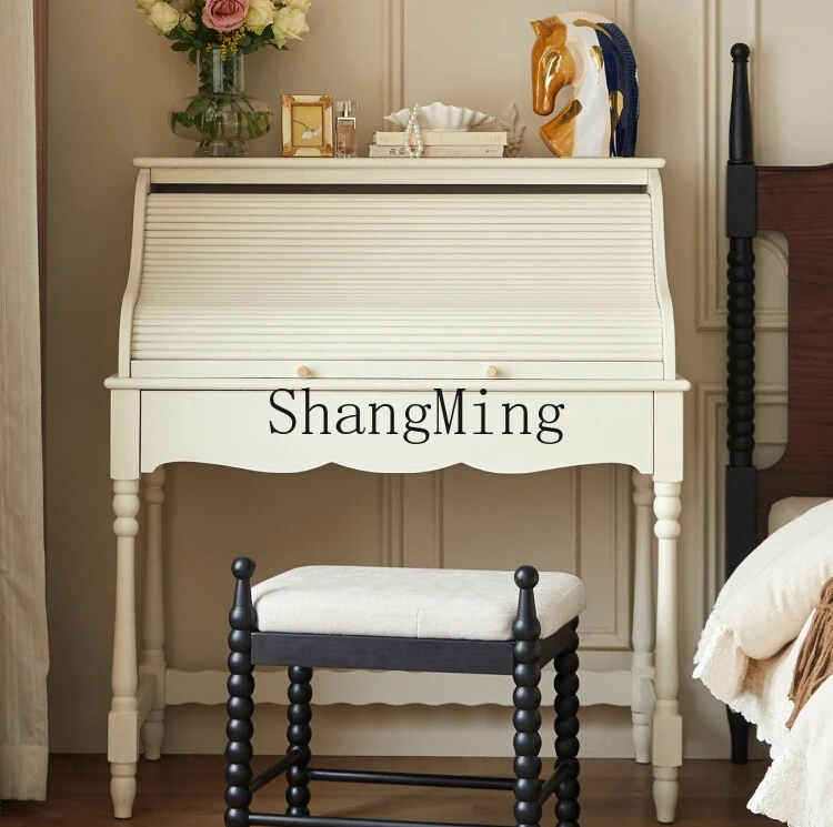 

CL Vintage Cream Style Solid Wood Dressing Table with Storage Integrated Bedroom Dressing Table Retro Makeup Table