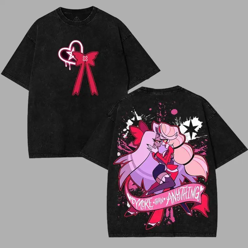 

Anime Hazbin Hotel Graphic T-shirt Charlie Vaggie Vintage Washed Oversized T Shirt Men Women Clothing Cotton Short Sleeve Tees