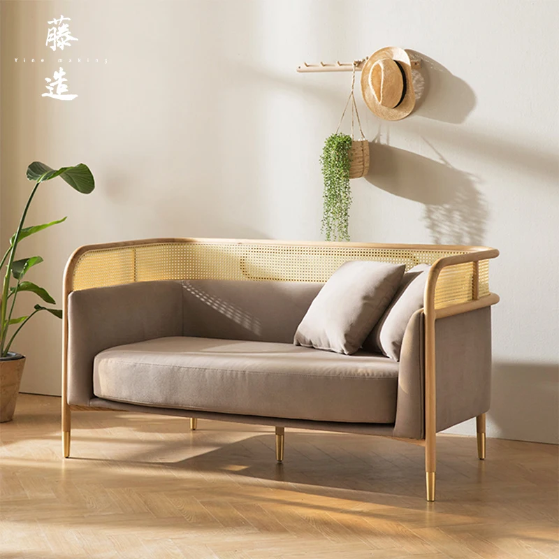 

INS Nordic Vine Weaving Solid Wood Sofa Simple Vine Weaving Homestay Creative Log Twin Small Unit Light Luxury Sofa