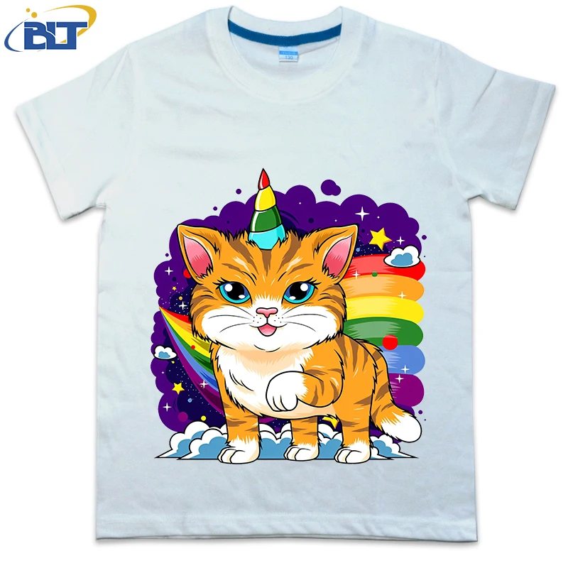 T-shirt imprimé chat arc-en-ciel pour enfants, T-shirt d'été en coton pour enfants, T-shirt décontracté à manches courtes pour garçons et filles