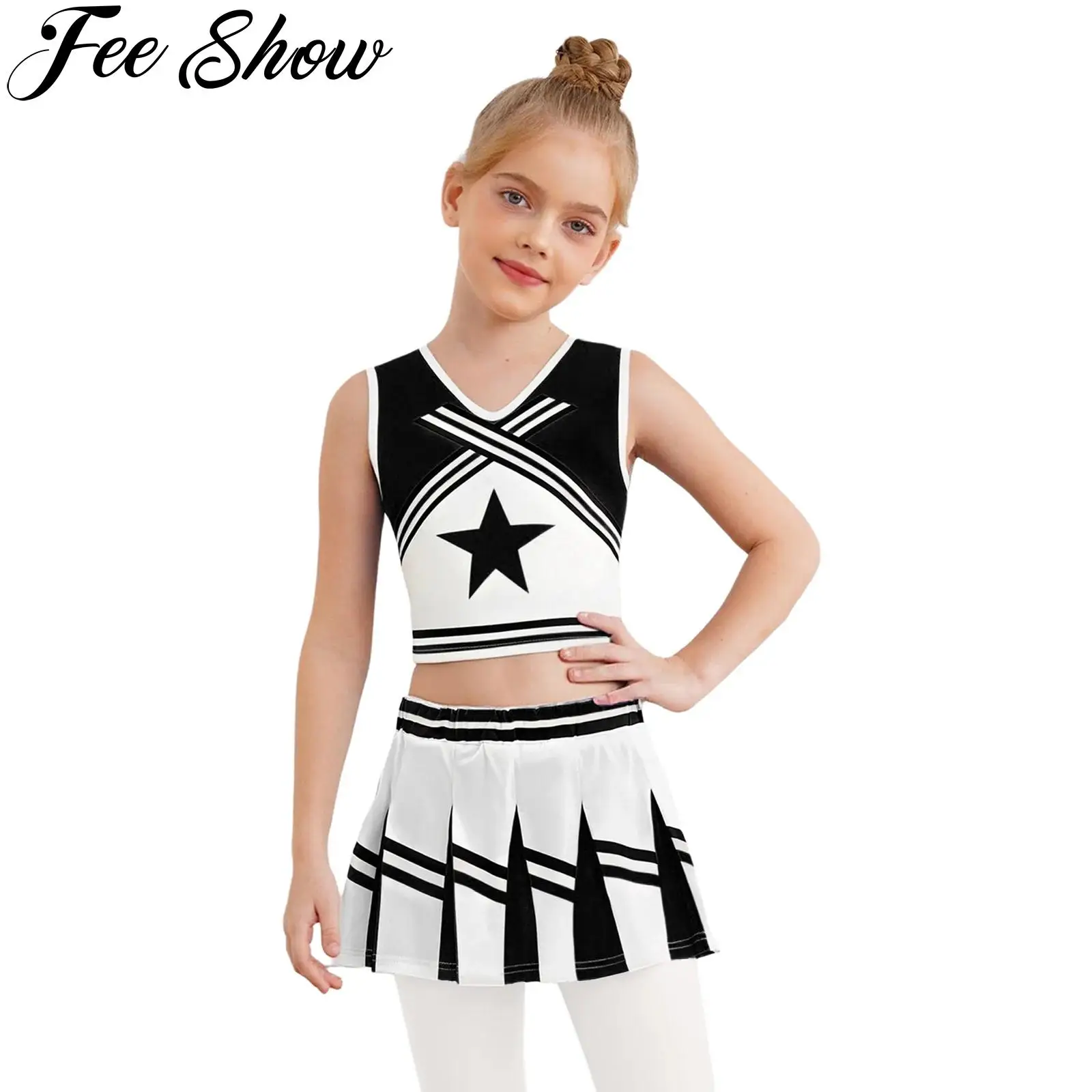 

Униформа черлидера для девочек, карнавальный костюм черлидинга, танцевальные топы с принтом и плиссированными юбками, школьный спортивный костюм для встреч