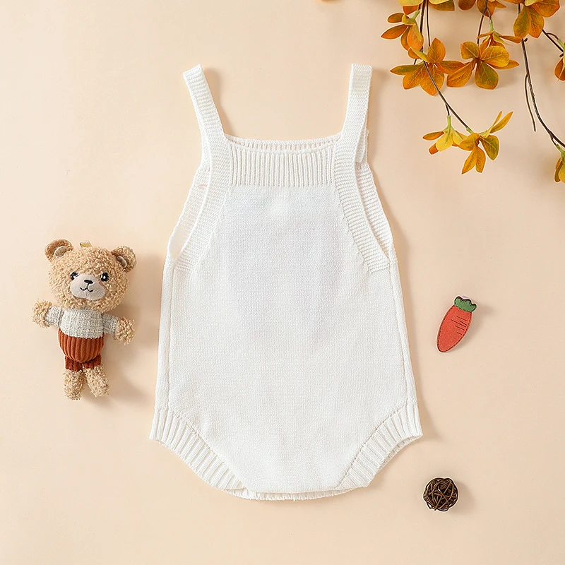 

Baby Girls White Sleeveless Carrot Embroidery Sweater Romper Casual Overalls