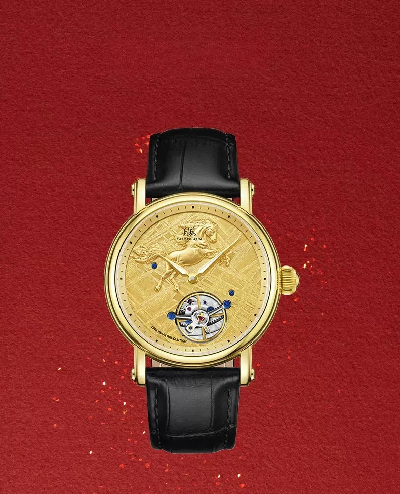 【Classic Meteorite Disk Mechanical Watch Carousel 999 Foot Gold Carving Horse Male