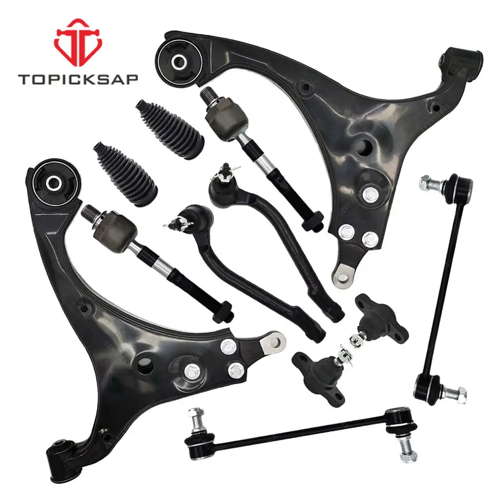 TOPICKSAP 12pcs Kit Front Lower Control Arm Inner Outer Tie Rod End Boots Sway Bar Sets for Hyundai Elantra 2007 - 2012