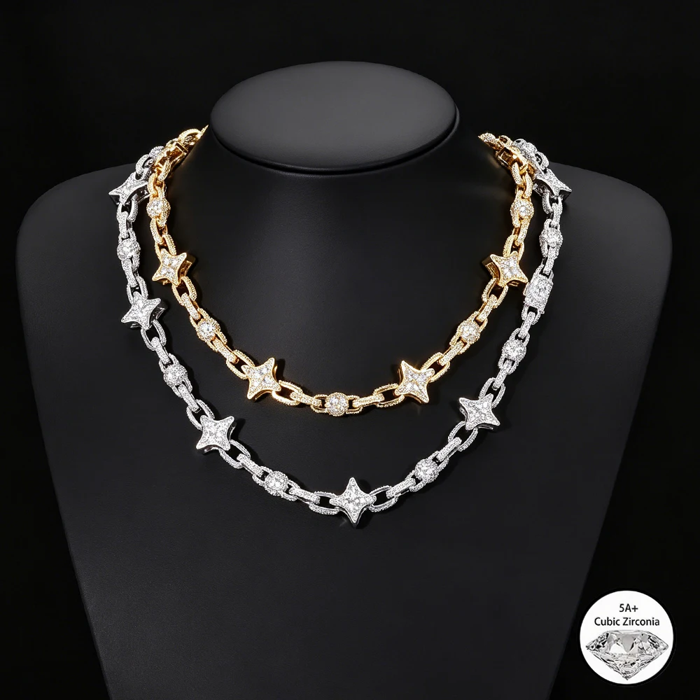 NUOYA Star Cuban Link Chain Gold Silver Color Iced Out CZ Zircon Hip Hop Necklace For Men Women Bling Bling Jewelry
