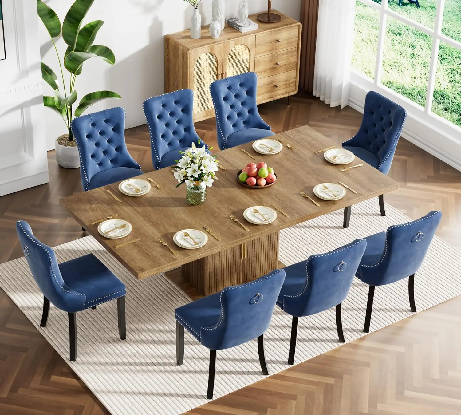 

Extendable Dining Table Set for 8, 78.74" Expandable Dining Table with 8 Blue Upholstered Tufted Chairs, Large, Customized