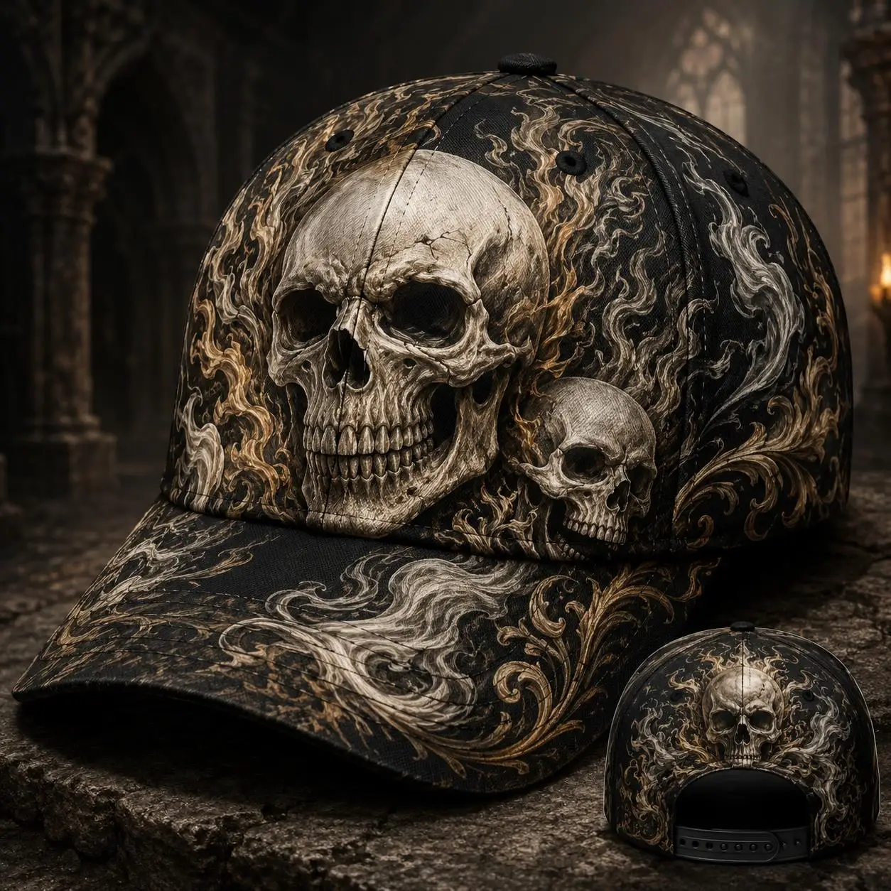 Custom Men' Gothic Flame Skull Smoke Baseball Cap - Snapback Hat With Bohemian Gothic Graphic, Full Print Positioning Technology
