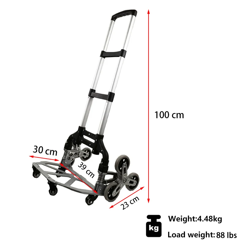 Portable Hand Truck 88LBS All Terrain Stair Climbing Cart with Bungee Cord Folding Trolley 6 Wheels for Upstairs Cargo Bag Inclu