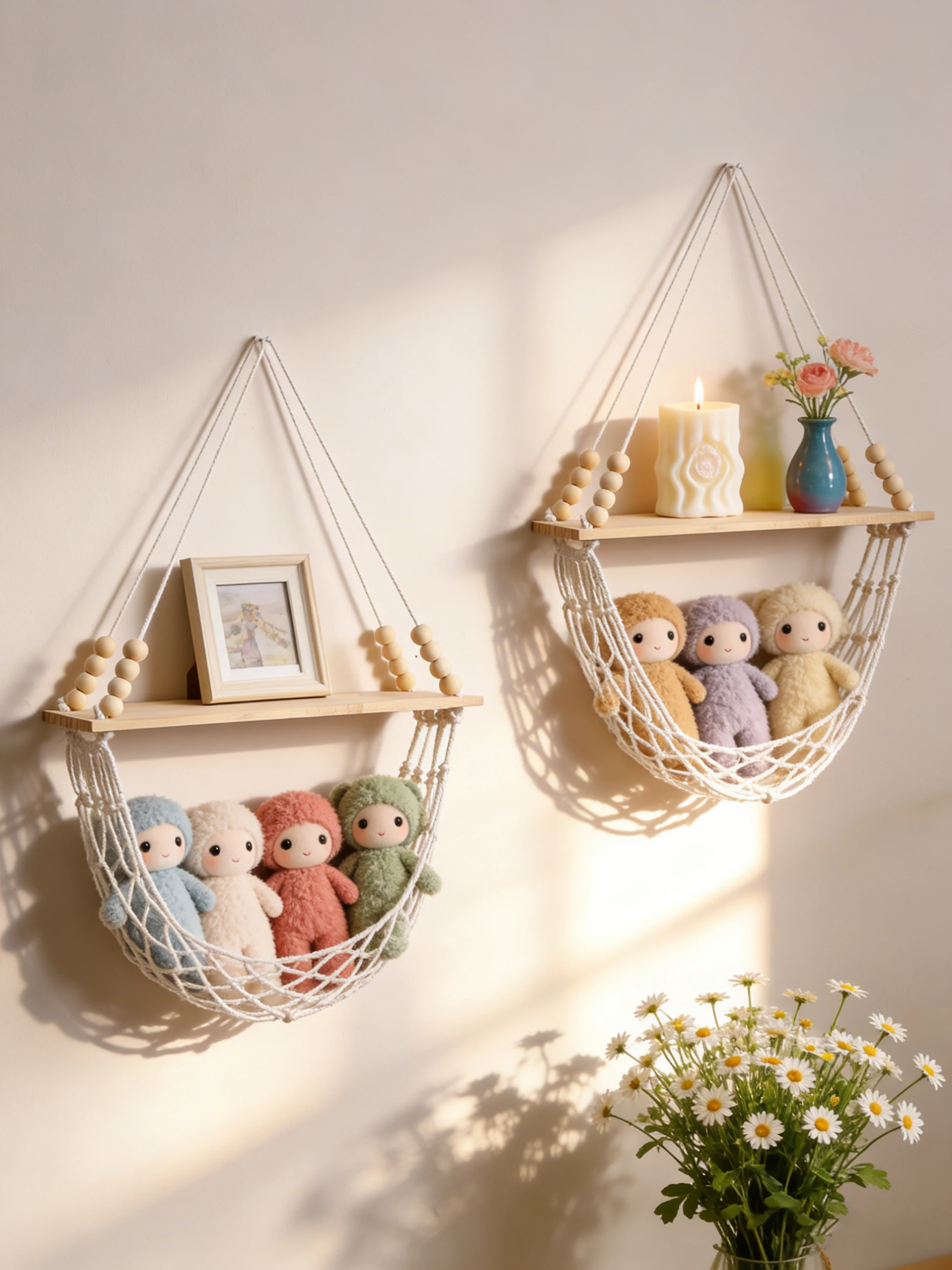 Boho Macrame Wall Hanging Shelf with Net Basket Wooden Floating Shelf for Home Bedroom Living Room Decor & Kitchen Storage Gift