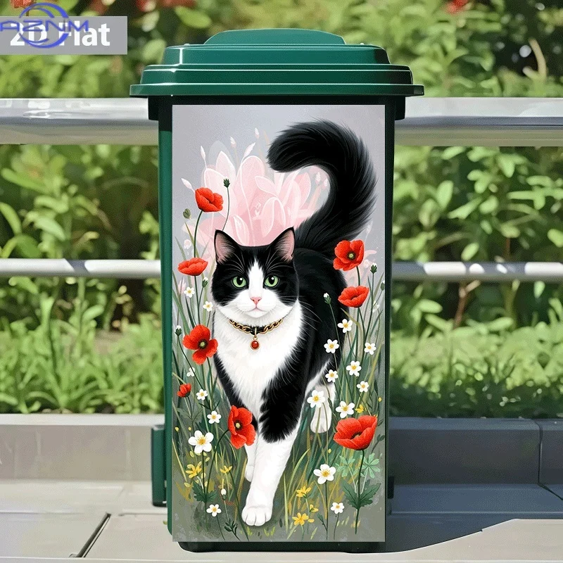 [2D Flat Printing]1pc Trash Can Sticker[Title Translated, Do Not Change Black And White Cat in Flowers Theme Design Wall Stick