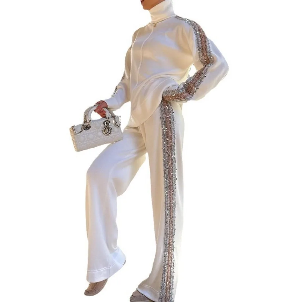 Women\'s Long Pants Set with High Neck, Fashionable and Niche Sequin Border, Autumn New Style