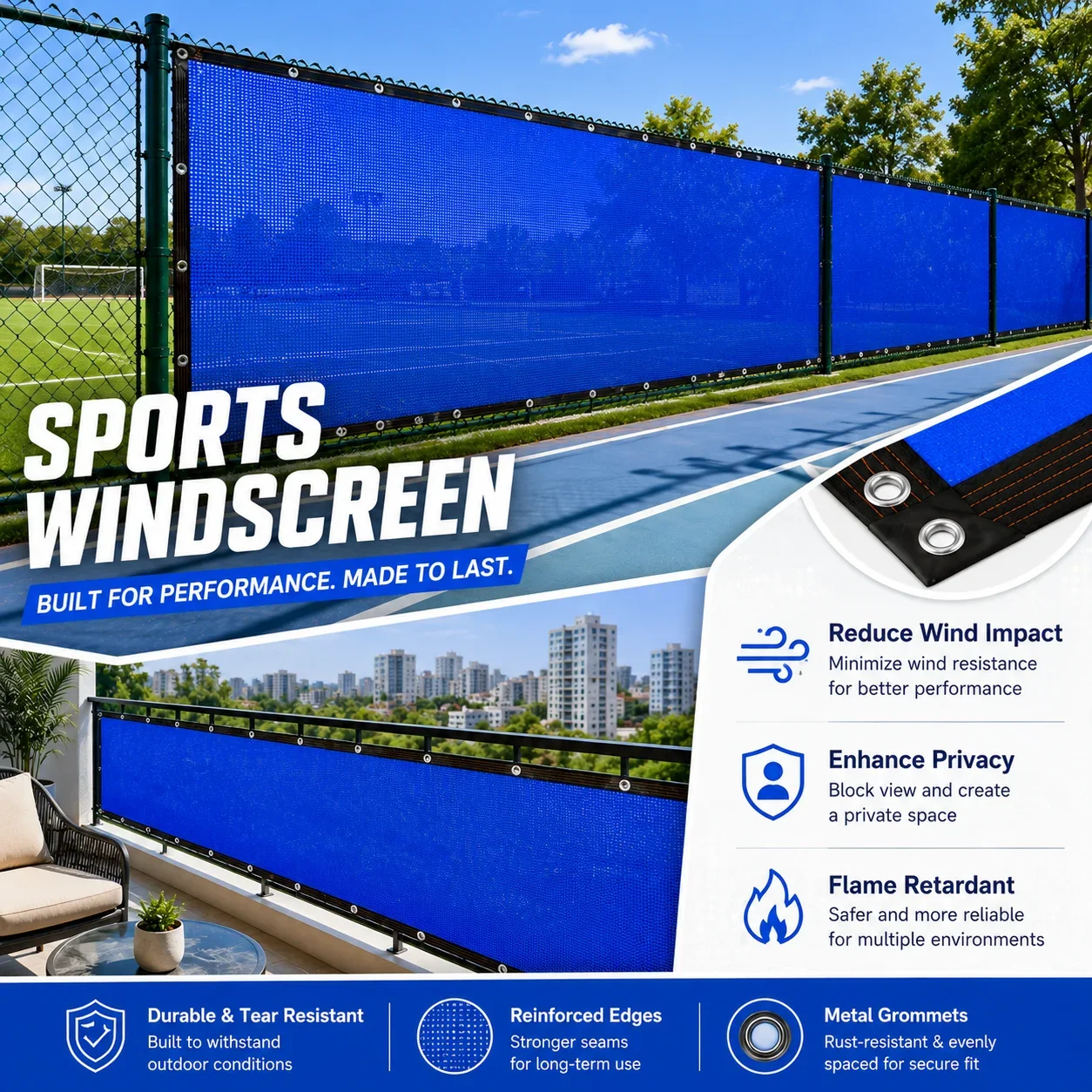 Heavy Duty Blue Privacy Fence Screen Net Flame Retardant with Grommets Reinforced Edge for Balcony Garden Yard Sports