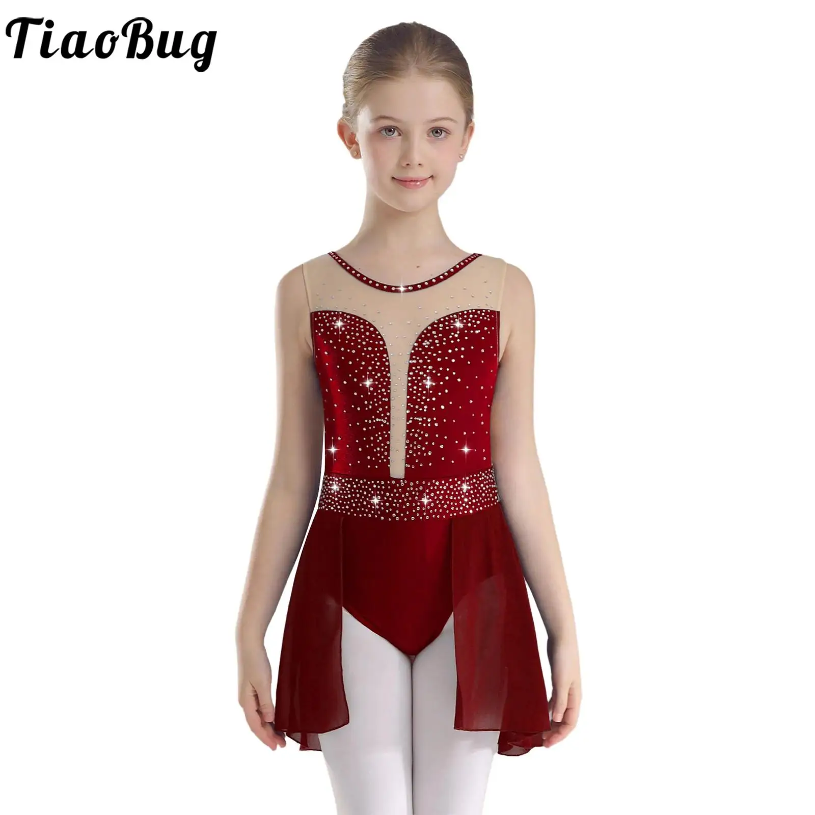 

Kids Girls Lyrical Dance Costume Leotard Performance Sparkly Rhinestones Crisscross U Back Skirted for Competition Dance Wear