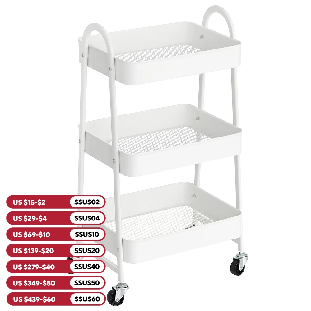 SONGMICS 3-Tier Rolling Cart, Metal Storage Cart, Kitchen Storage Trolley with 2 Brakes and Handles, Utility Cart, Easy Assembly