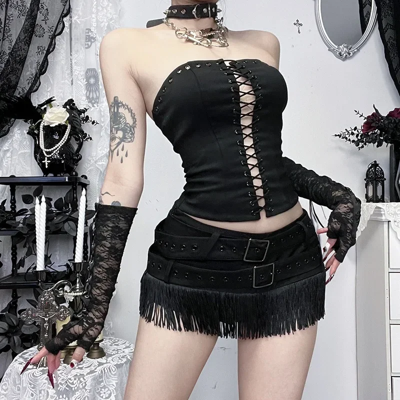 IMU Vintage Punk Street Style Skirt Women's Trendy Y2K Heavy Workmanship Mini Skirt Dark Gothic Subculture Fringed Culottes
