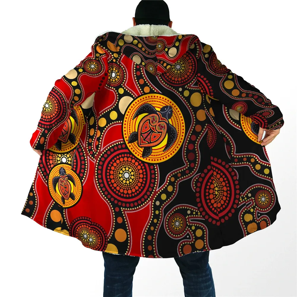 CLOOCL Winter Men Hooded Cloak Aboriginal Turtles Australia Indigenous Cloak Fleece Hooded Coat Fashion Thick Warm Cape Coats