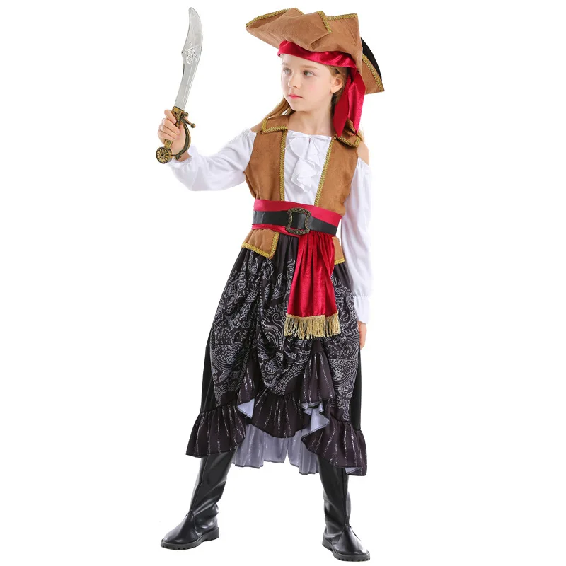 

Kids Girls Jack Sparrow Costume For Halloween Children's Day Pirates Of The Caribbean Cosplay Costume Carnival Party Dress