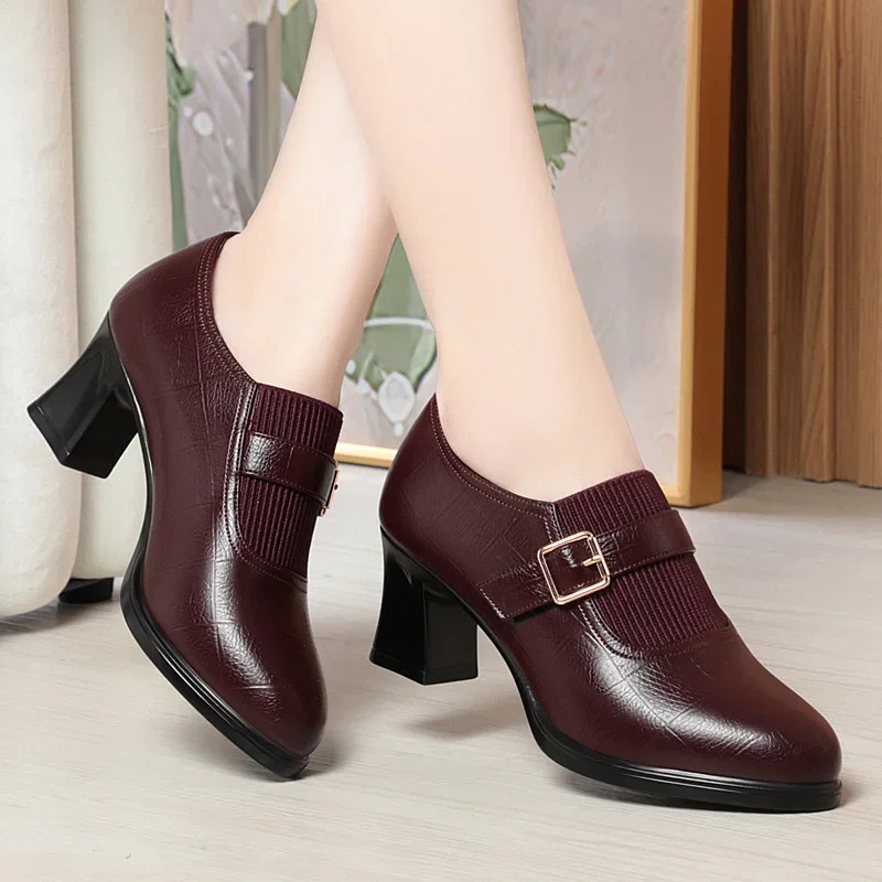 Autumn Fashion Comfort Deep Mouth Soft Leather Shoes Women Pumps 2025 Spring Block Heels Shoes for Office Mom Model Daily