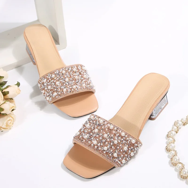 Square Heel Slippers Summer New Square Toe Open Toe Sequined Pearl Non-Slip Wear-Resistant Medium Heel Flip-Flops