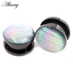 Alisouy 2PCS Black Stainless Steel Inlay Shell Thread Ear Gauges Tunnels Plugs Expander Stretcher Earrings Piercing Body Jewelry